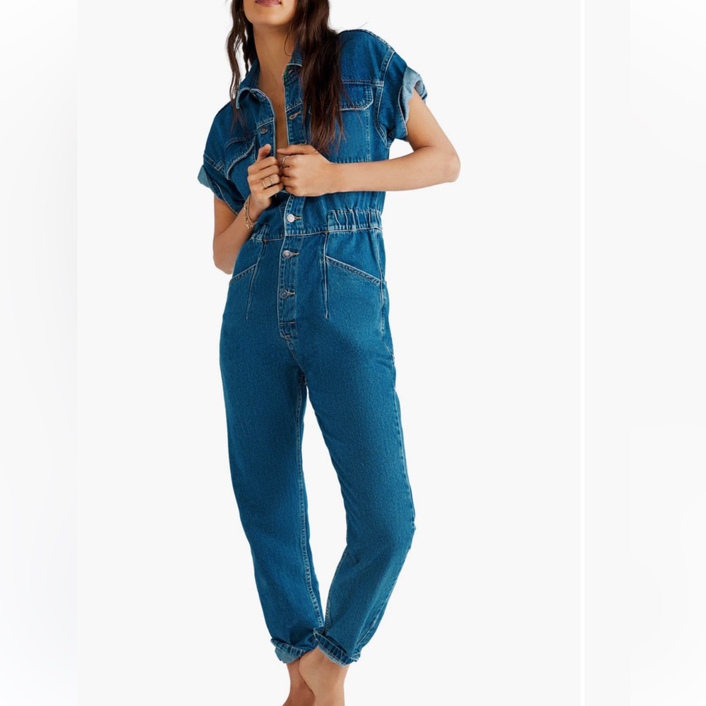 Free People Indigo Short-Sleeve Denim Jumpsuit